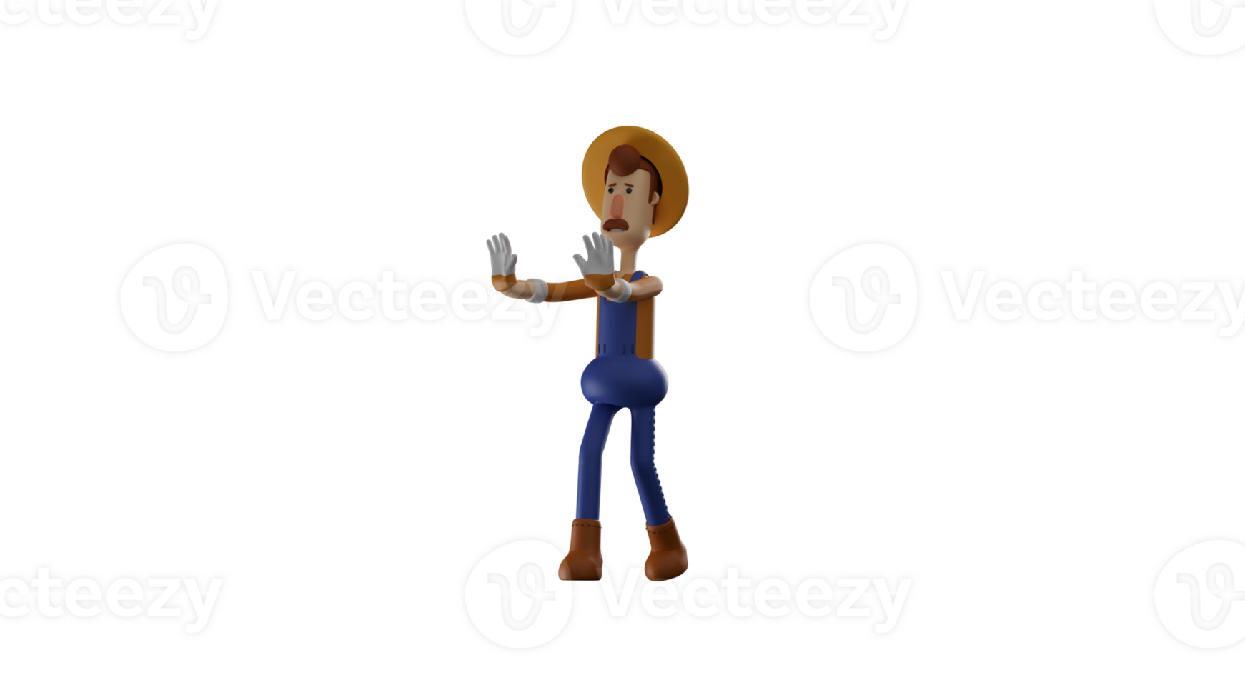 3D illustration. Scared Farmer 3D cartoon character. The farmer stood up and showed a pose of stopping something using his hands. The farmer showed his frightened expression. 3D cartoon character png