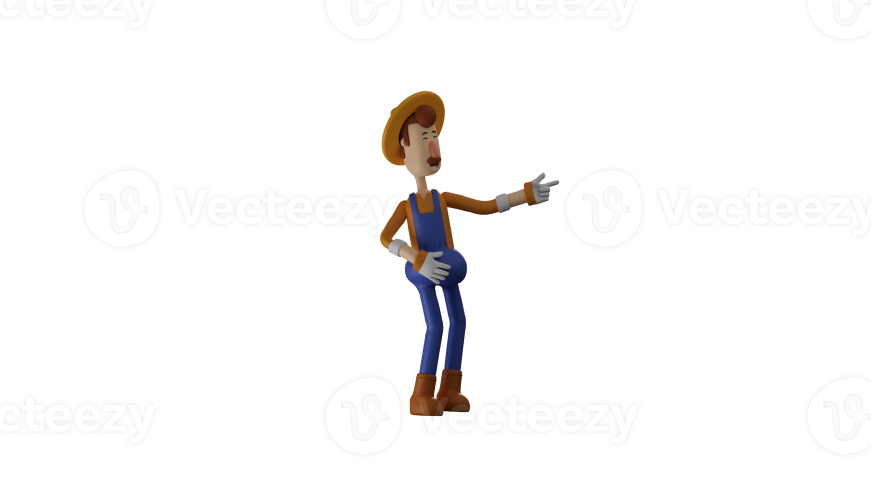 3D illustration. Happy Farmer 3D cartoon character. The farmer pointed ahead while laughing uproariously. The farmer laughed until he held his stomach. 3D cartoon character png