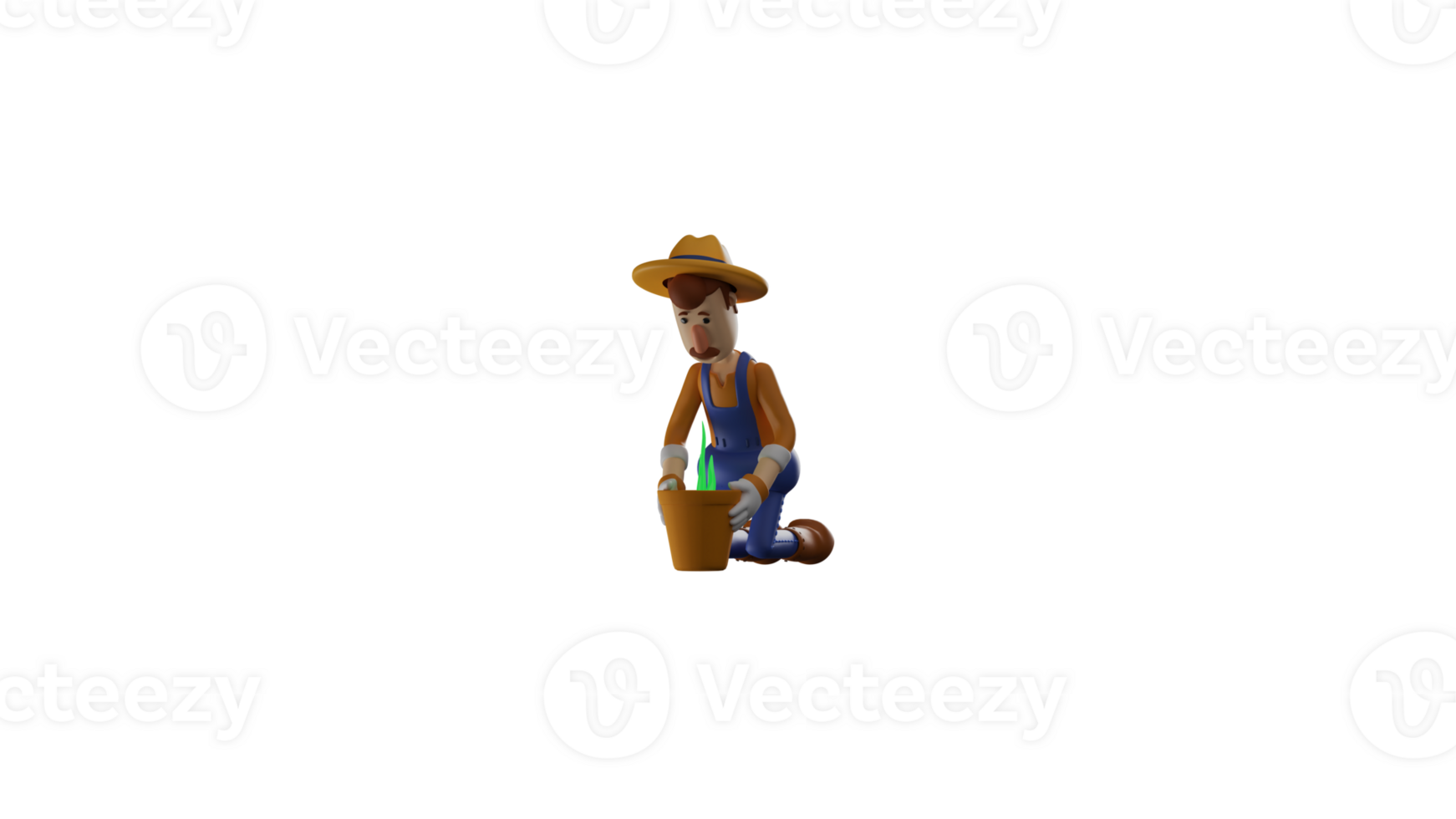 3D illustration. Affectionate Farmer 3D cartoon character. Farmer in kneeling pose. Farmer pay attention to the plants that grow in pots and look fresh. 3D cartoon character png
