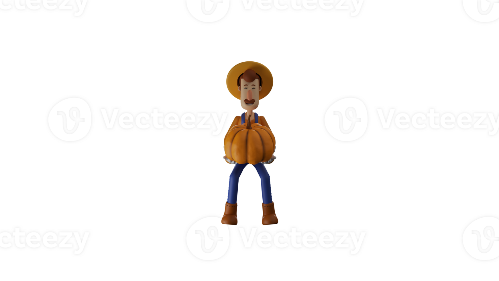 3D illustration. Cool Farmer 3D cartoon character. The farmer raised a big pumpkin using both hands. The farmer showed an expression of objection while carrying a giant pumpkin. 3D cartoon character png