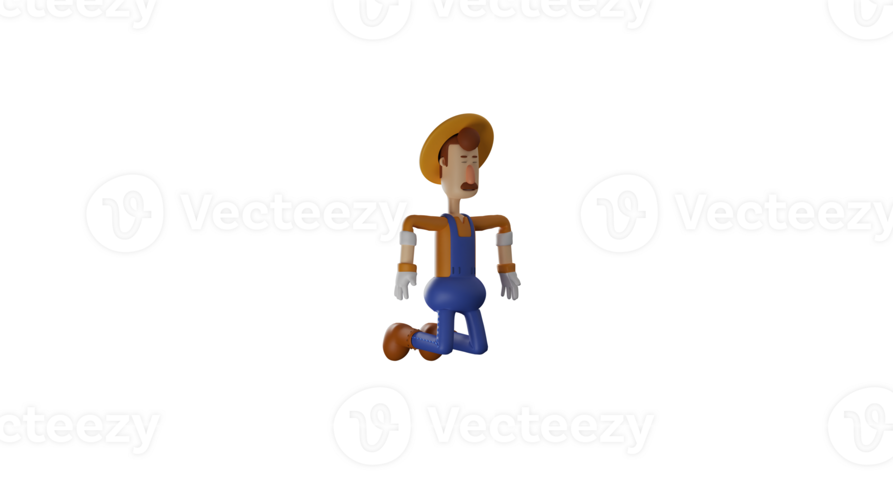 3D Illustration. Sad Farmer 3D cartoon character. Farmer with knelt pose. Farmer with both hands bending and showing his very sad expressions. 3D cartoon character png