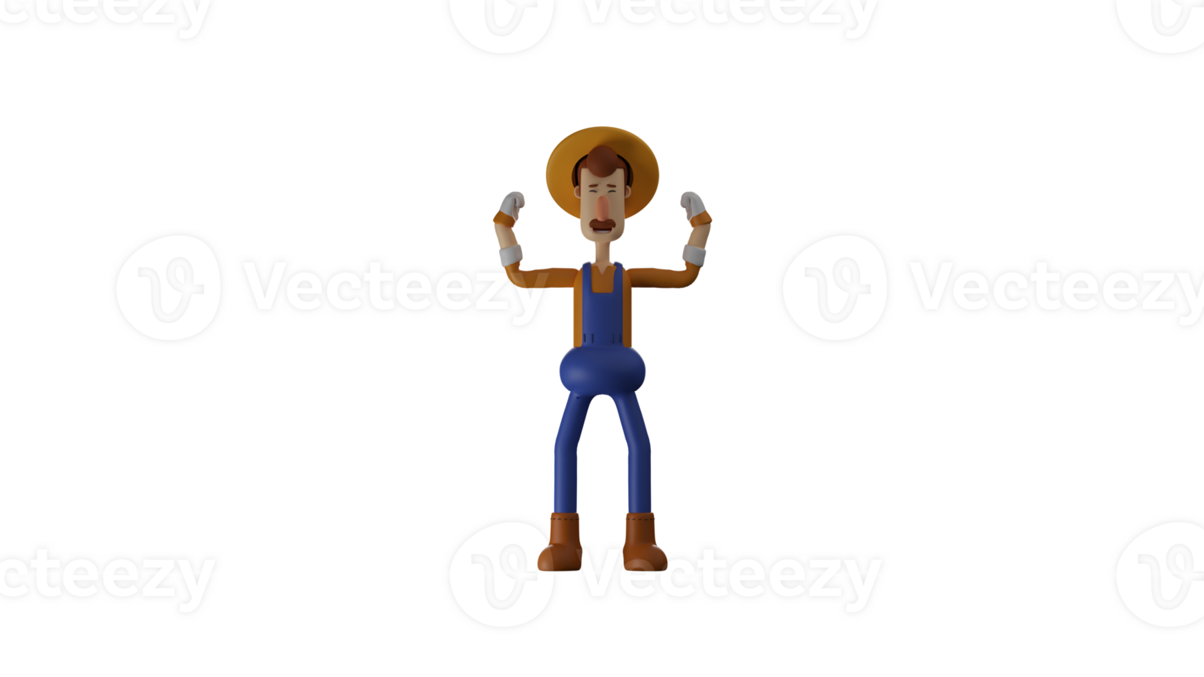 3D illustration. Healthy Farmer 3D cartoon character. The farmer showed his two small hand muscles. Cute farmer smiling happily. 3D cartoon character png