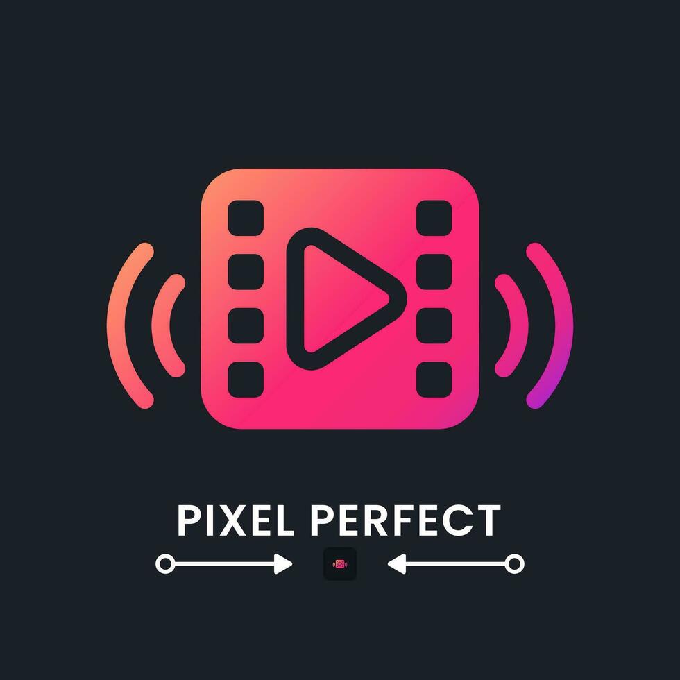 Video streaming pink solid gradient desktop icon on black. Social media. Broadcasting content. Online platform. Pixel perfect, outline 4px. Glyph pictogram for dark mode. Isolated vector image