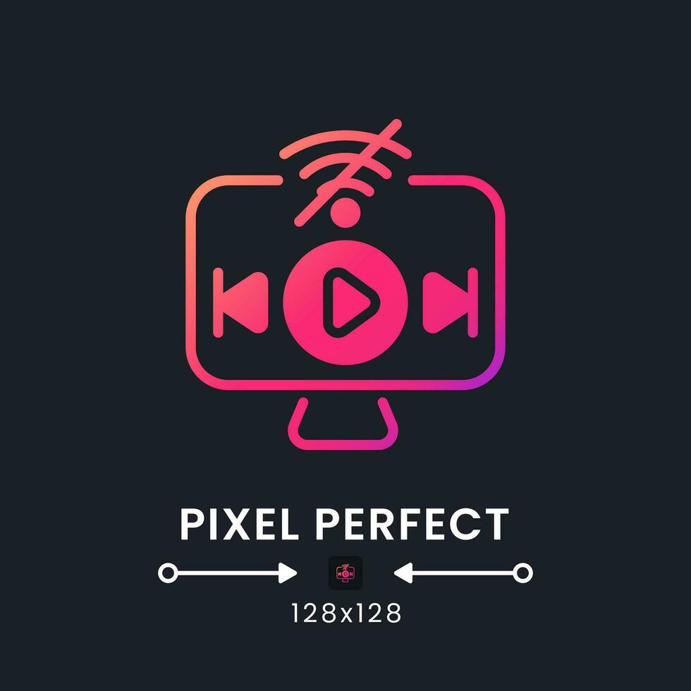 Offline playback pink solid gradient desktop icon on black. Streaming platform. Downloading video content. Pixel perfect 128x128, outline 4px. Glyph pictogram for dark mode. Isolated vector image