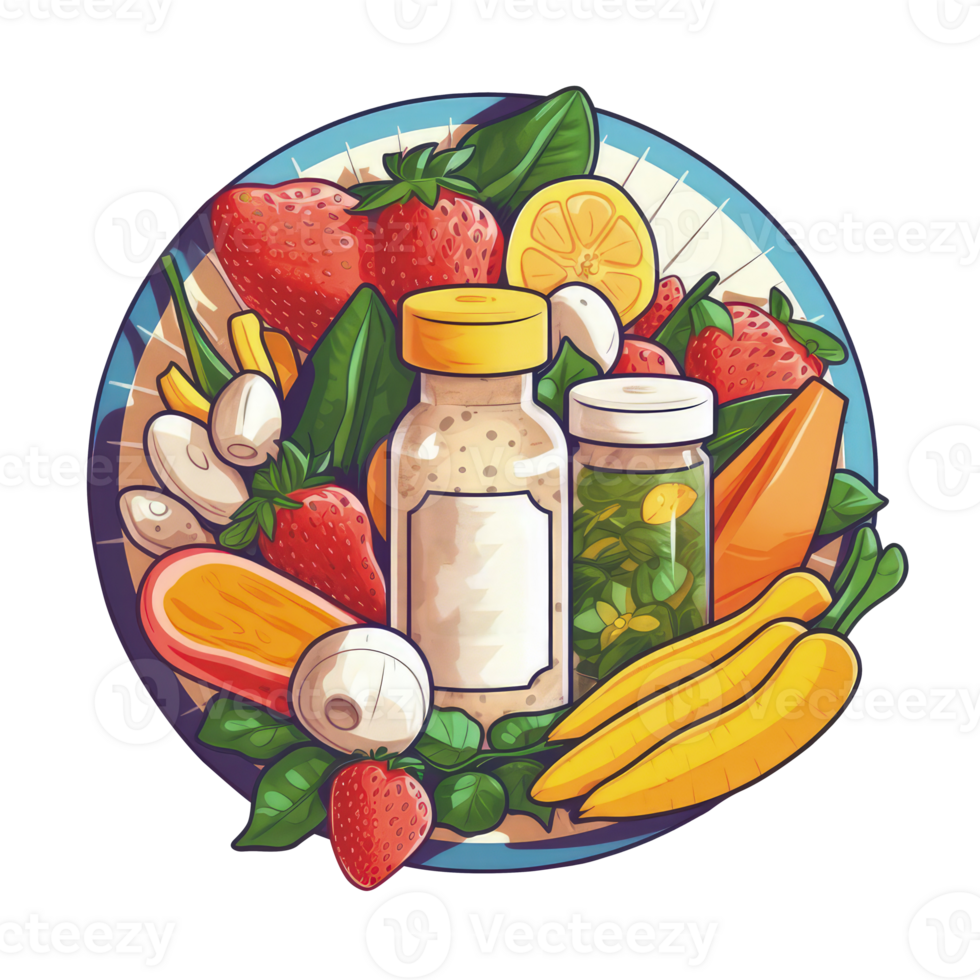 Sticker Style Healthy Food Bunch of Milk, Vegetable, Fruit on Transparent Background. png