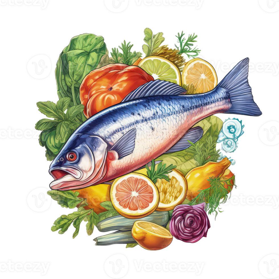 Sticker Style Whole Fish with Vegetables on Png Background.
