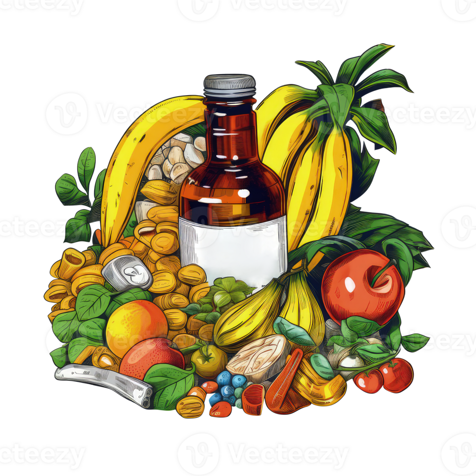 Sticker Style Healthy Food and Product Bottle on Png Background.