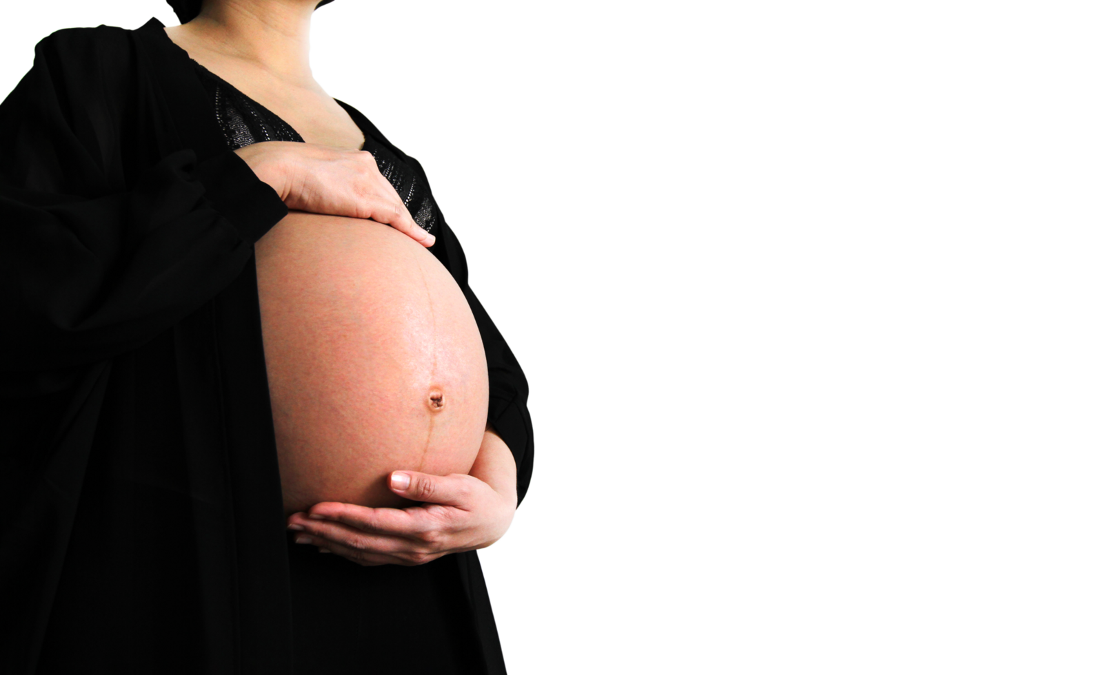 Pregnant woman wearing black dress and holds hands on swollen belly isolated on transparent background and copy space with clipping path. Pregnancy 7-9 months, motherhood, love, expect, care baby. png