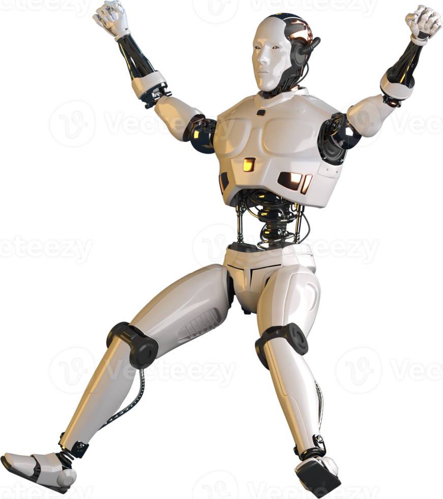 Futuristic world robots are running. Presentation of technology with robots.  3d rendering action of robot. png