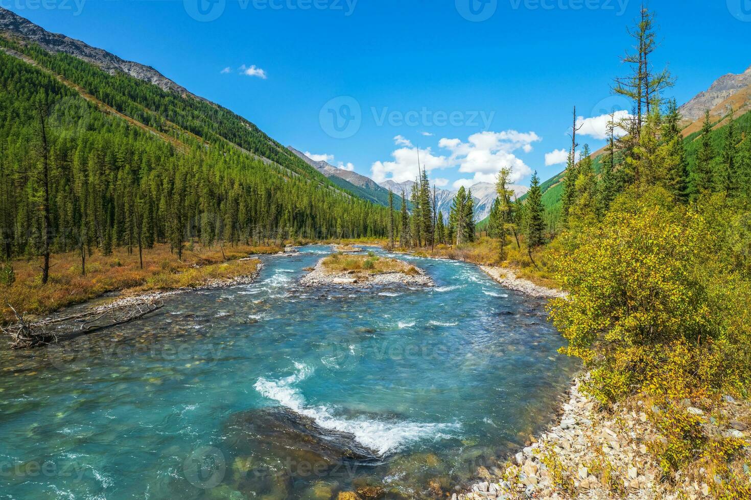 Water rapids. Power mountain river flows down from the glacier. Beautiful alpine landscape with azure water in a fast river. The power of the majestic nature of the highlands. Altai Mountains. photo