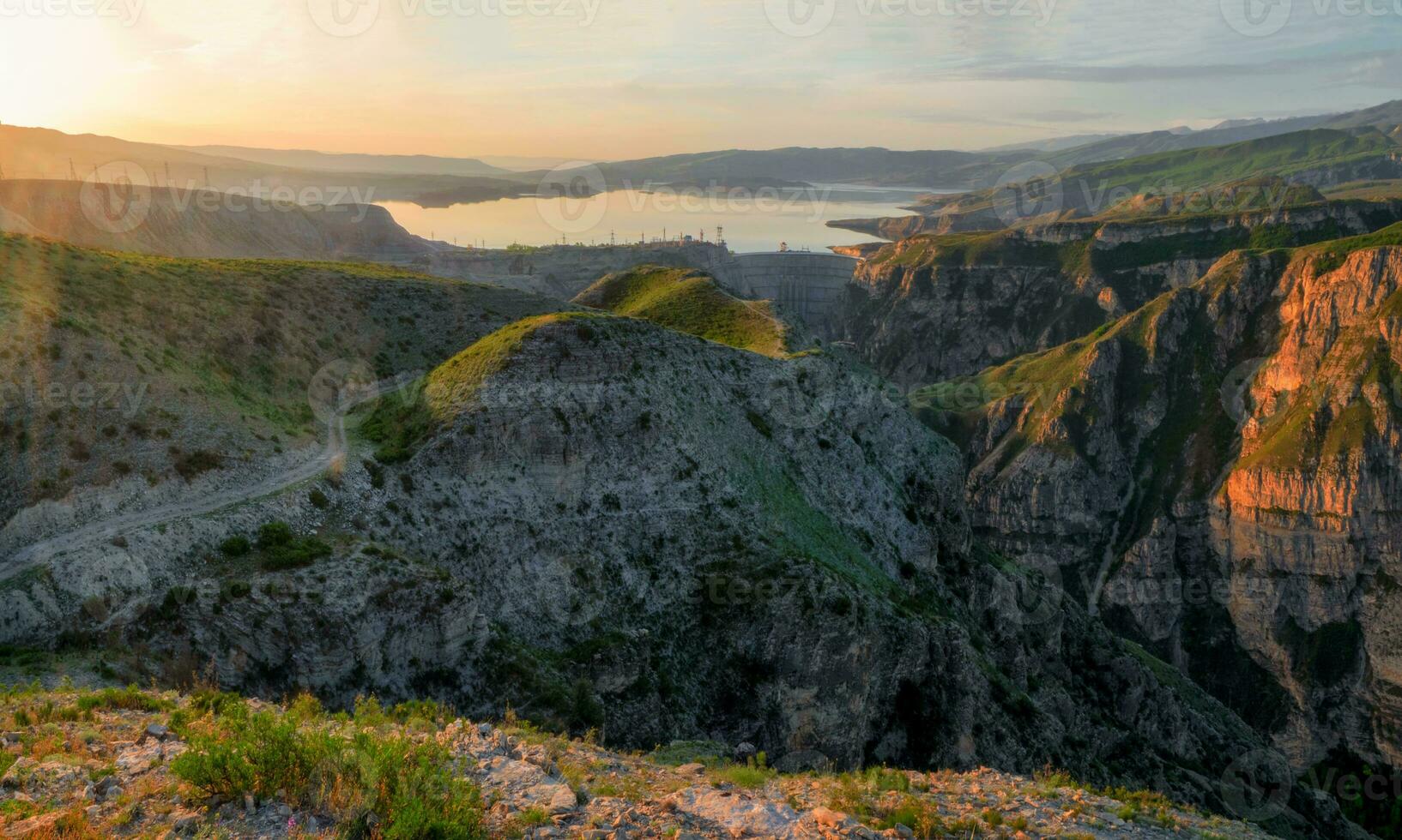 Russia, Republic Of Dagestan. Chirkeyskaya HPP at dawn in the spring. photo