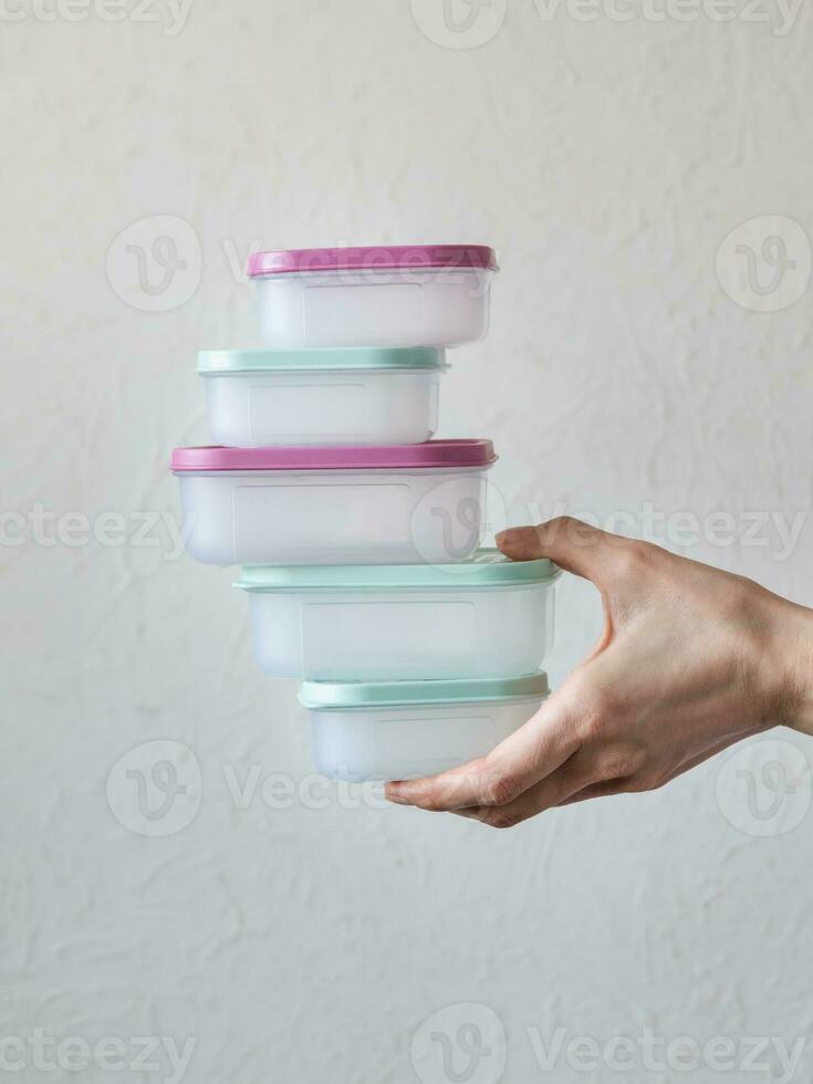 Plastic containers for transportation and storage food products photo