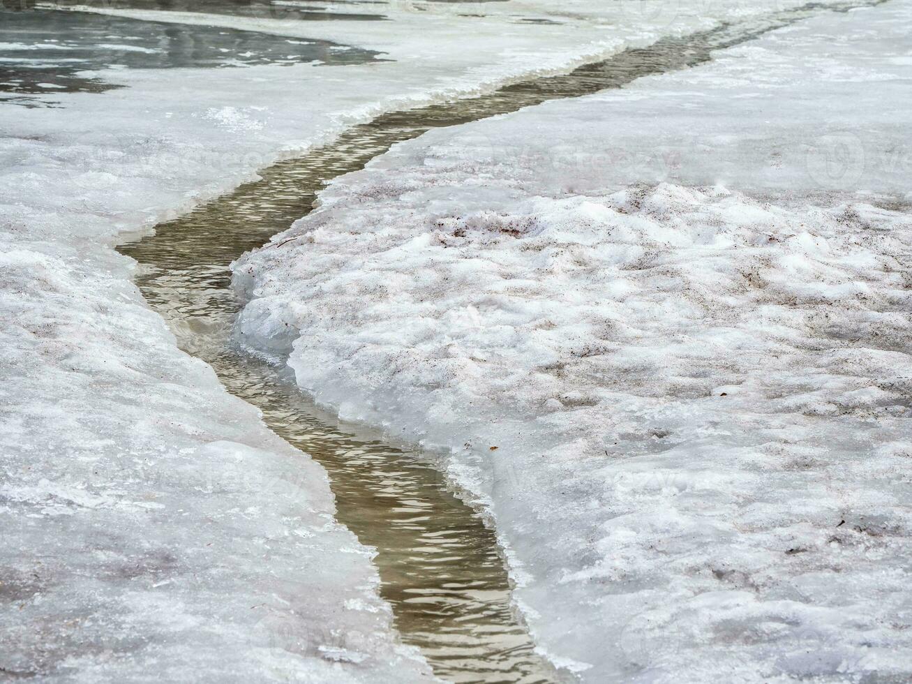 Erosion from flood waters. Spring stream. Snow washed away by a stream photo