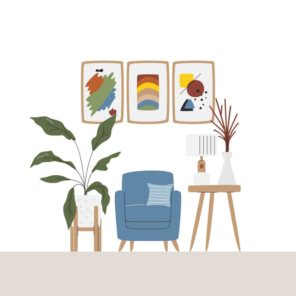 Relaxing and reading zone decorated with posters abstract art. Cute home interior scene with armchair and big houseplant. Cozy living room with home decor. Lounge hand drawn flat vector illustration