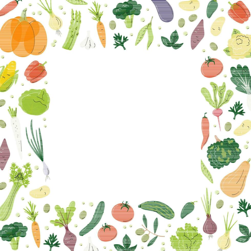 cuadrado marco concepto con diferente vegetales. fronteras lleno de verduras con Copiar espacio. varios vistoso enriquecido orgánico agrícola productos nutrición mano dibujado plano vector ilustración aislado