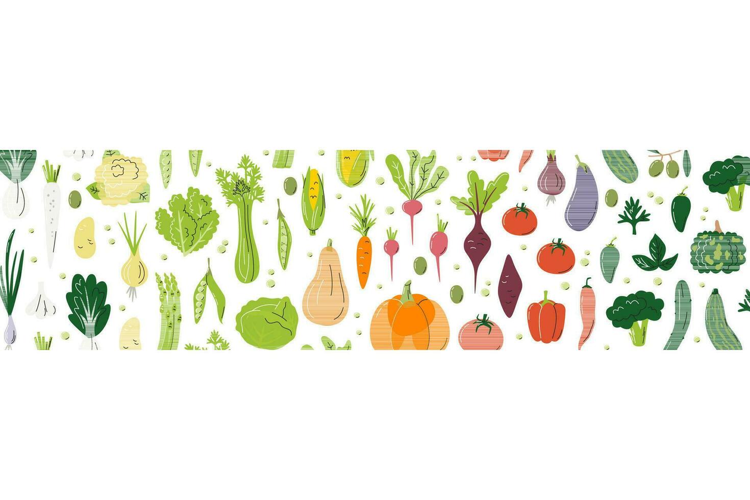 degradado horizontal concepto diseño. arco iris composición lleno de diferente vegetales. rectángulo bandera para agricultores mercado. varios verduras antecedentes. agrícola mano dibujado plano vector ilustración