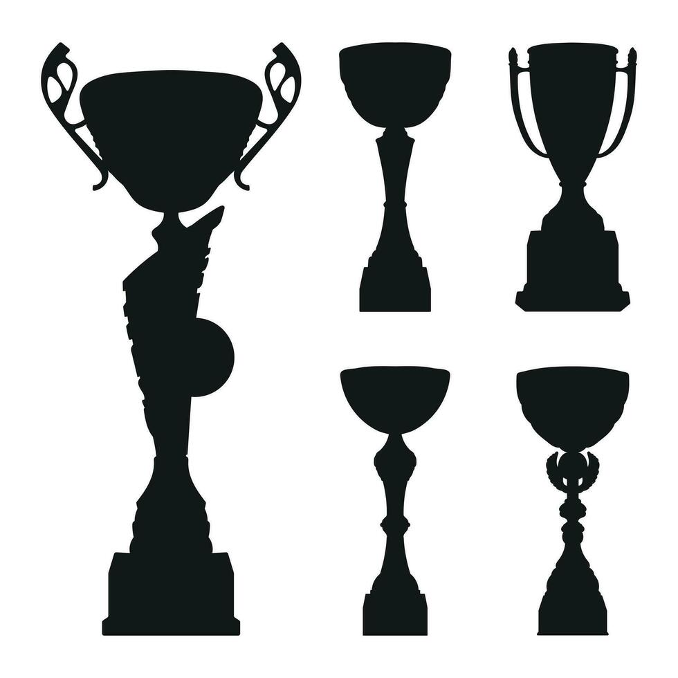 Realistic sports trophy winner cup. Set of premium black design silhouettes. Vector illustration