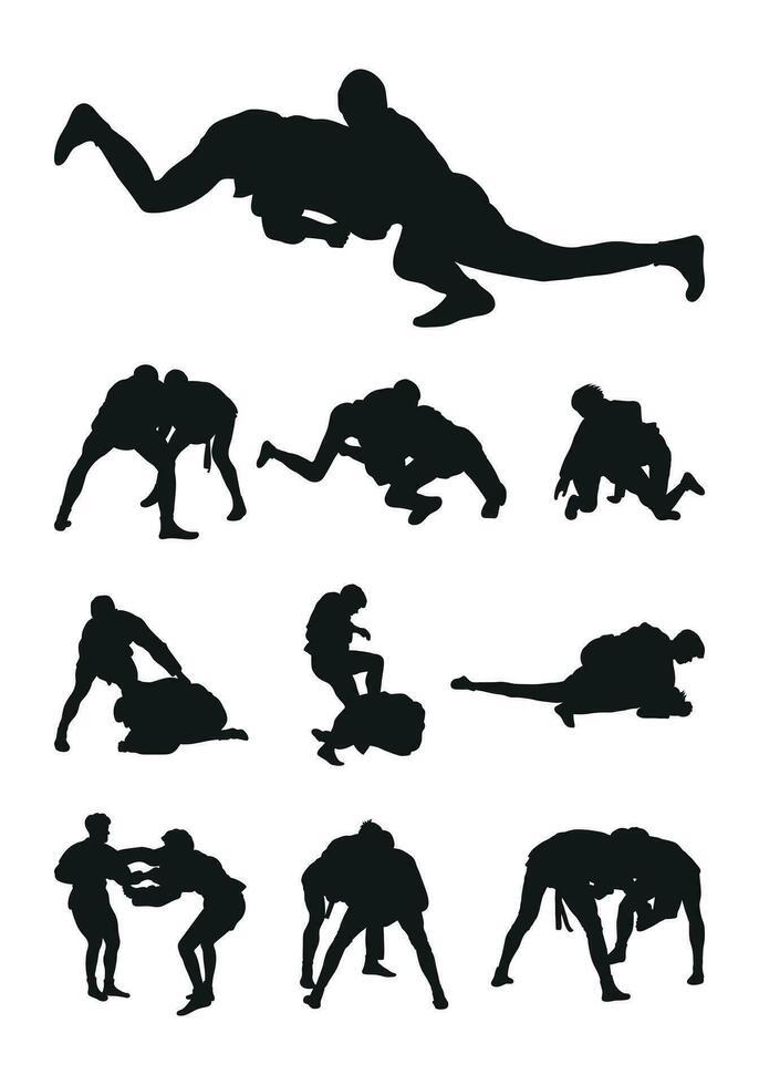 conjunto de realidad siluetas de sambo Atletas en sambo lucha, combate sambo, duelo, luchar, jiu jitsu marcial arte, deportividad vector