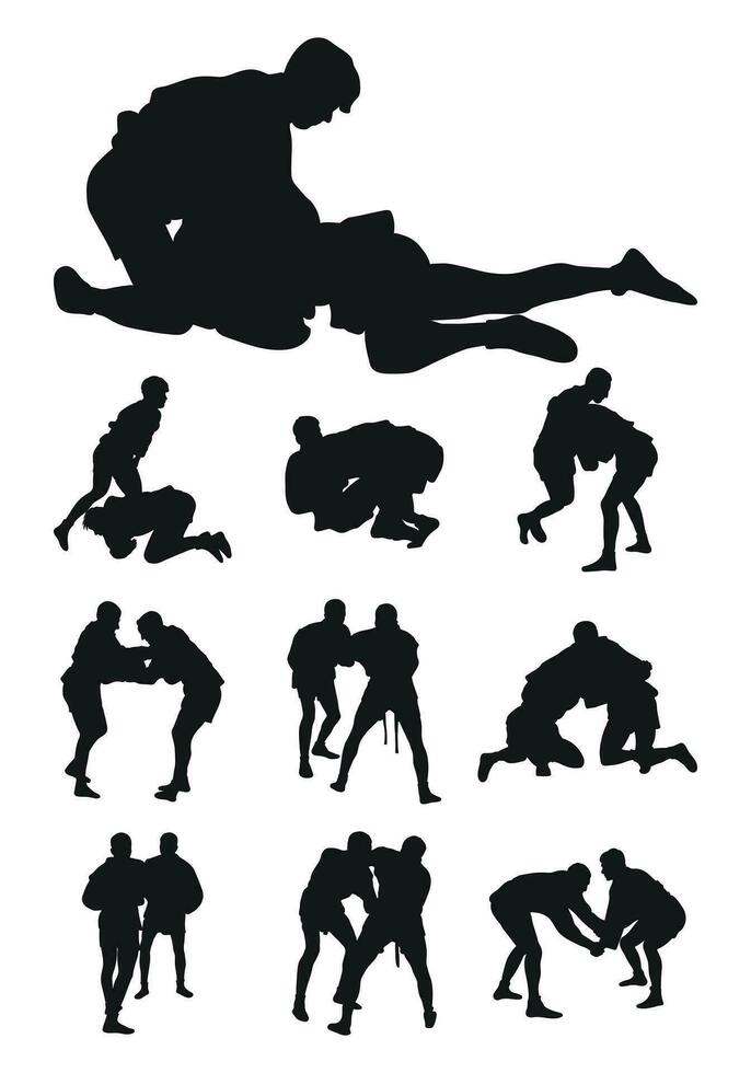 Set of realness silhouettes of sambo athletes in sambo wrestling, combat sambo, duel, fight, jiu jitsu. Martial art, sportsmanship vector