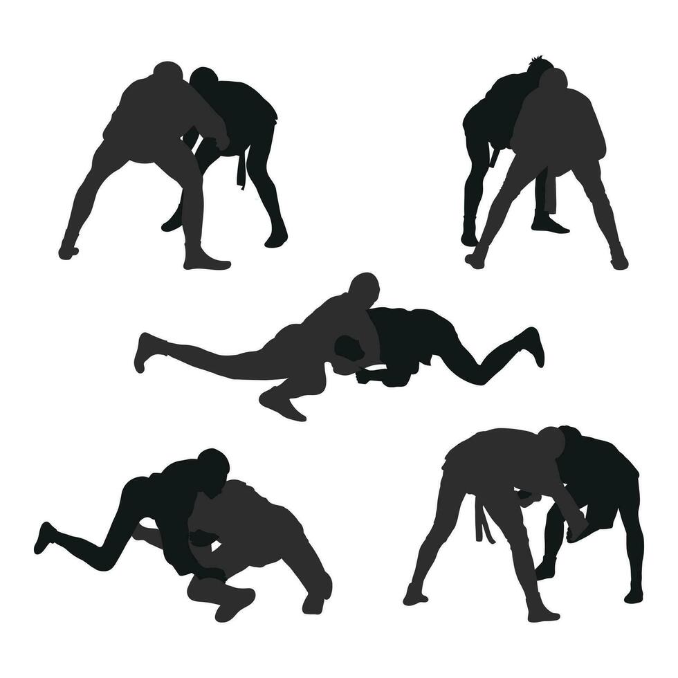 Set of realness silhouettes of sambo athletes in sambo wrestling, combat sambo, duel, fight, jiu jitsu. Martial art, sportsmanship vector