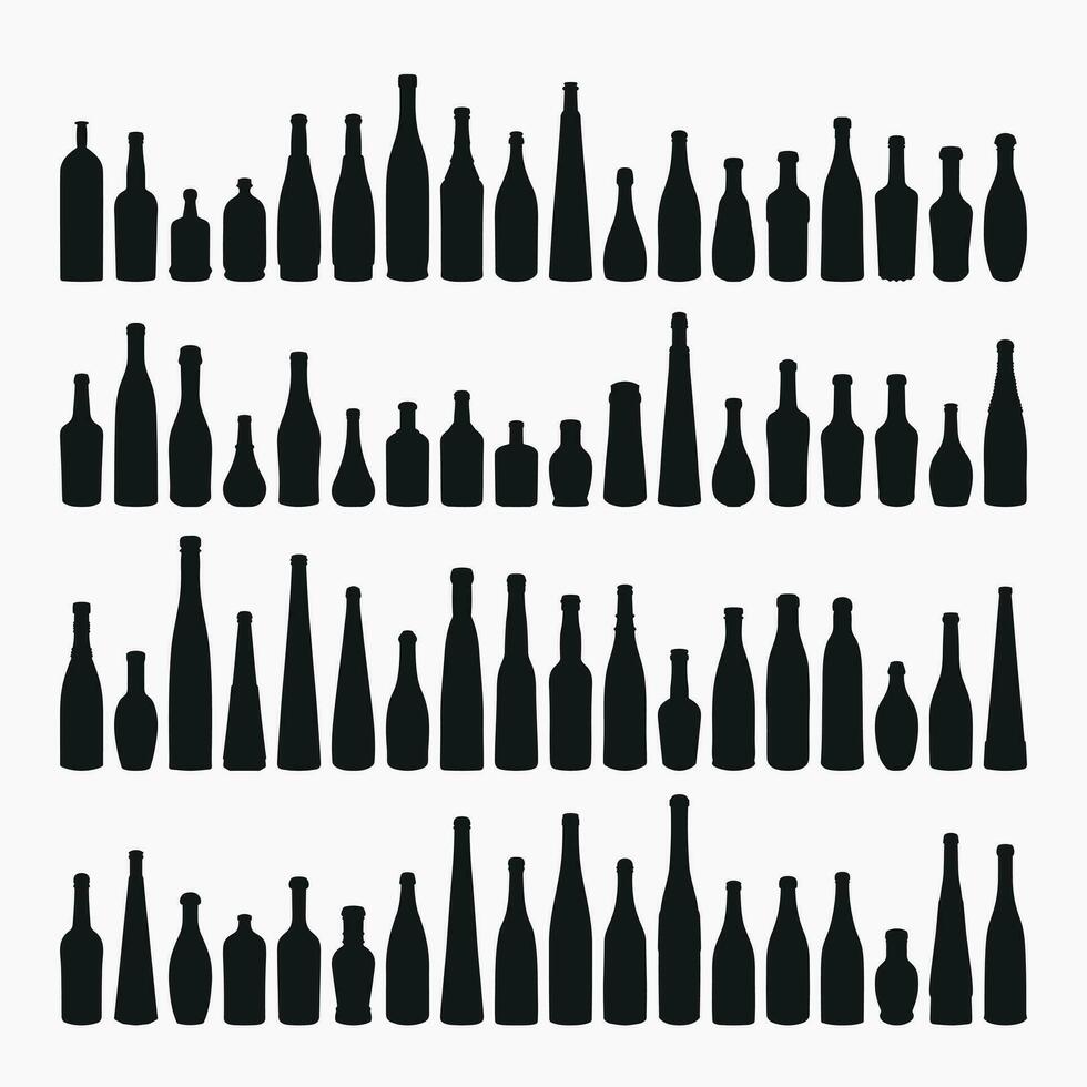 forma de siluetas de vaso botellas para alcohol, vino, whisky, vodka, brandy, coñac, cerveza, kvas, champán, licor vector