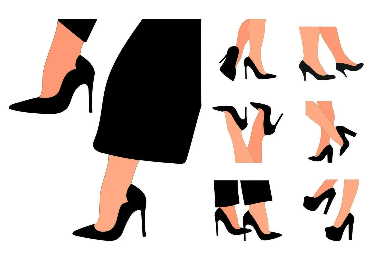 Slender, young female legs in a pose. Shoes stilettos, high heels. Walking, standing, running, jumping, dance. Women shoe model vector