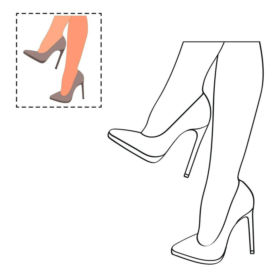 Children's coloring book for girls. Female legs in a pose. Shoes stilettos, high heels vector