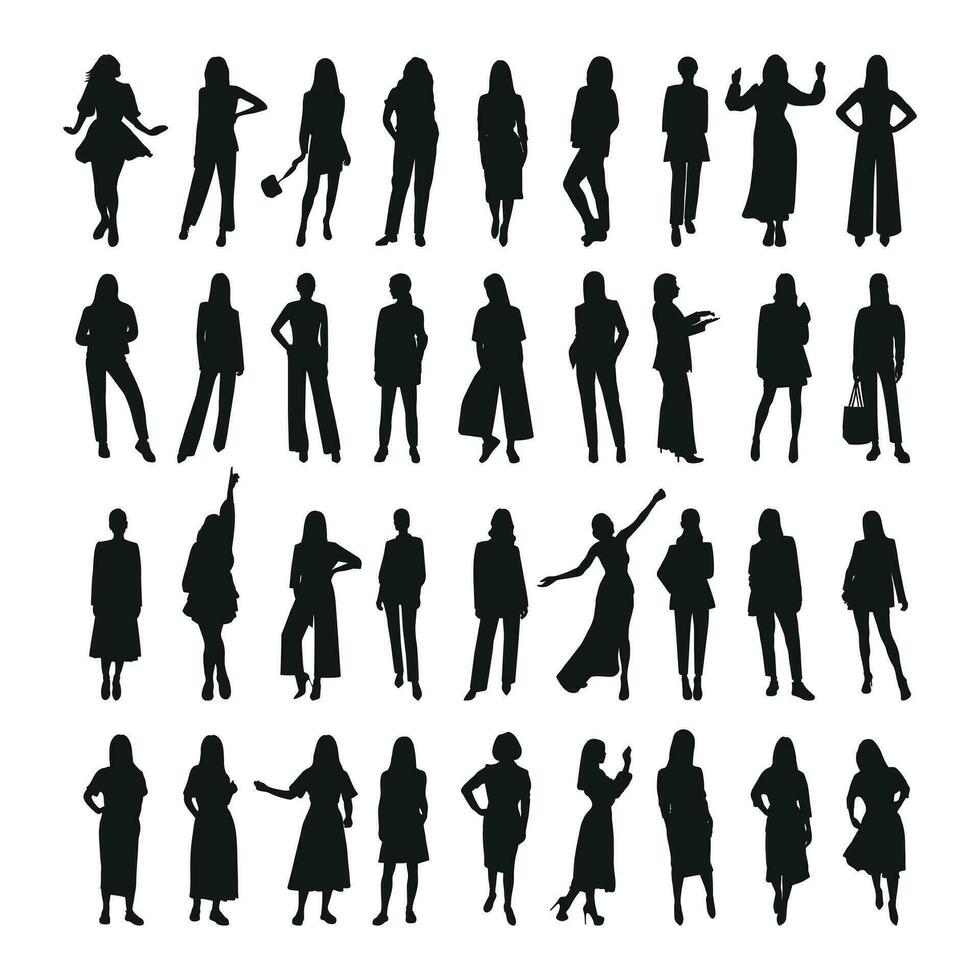 vector femenino siluetas de mujer, mujer, femenino, doncella, muchacha, señoras, chicas. negocio mujer, emprendedor, ejecutivo, fashionista, maestro, audiencia, estudiantes, novias