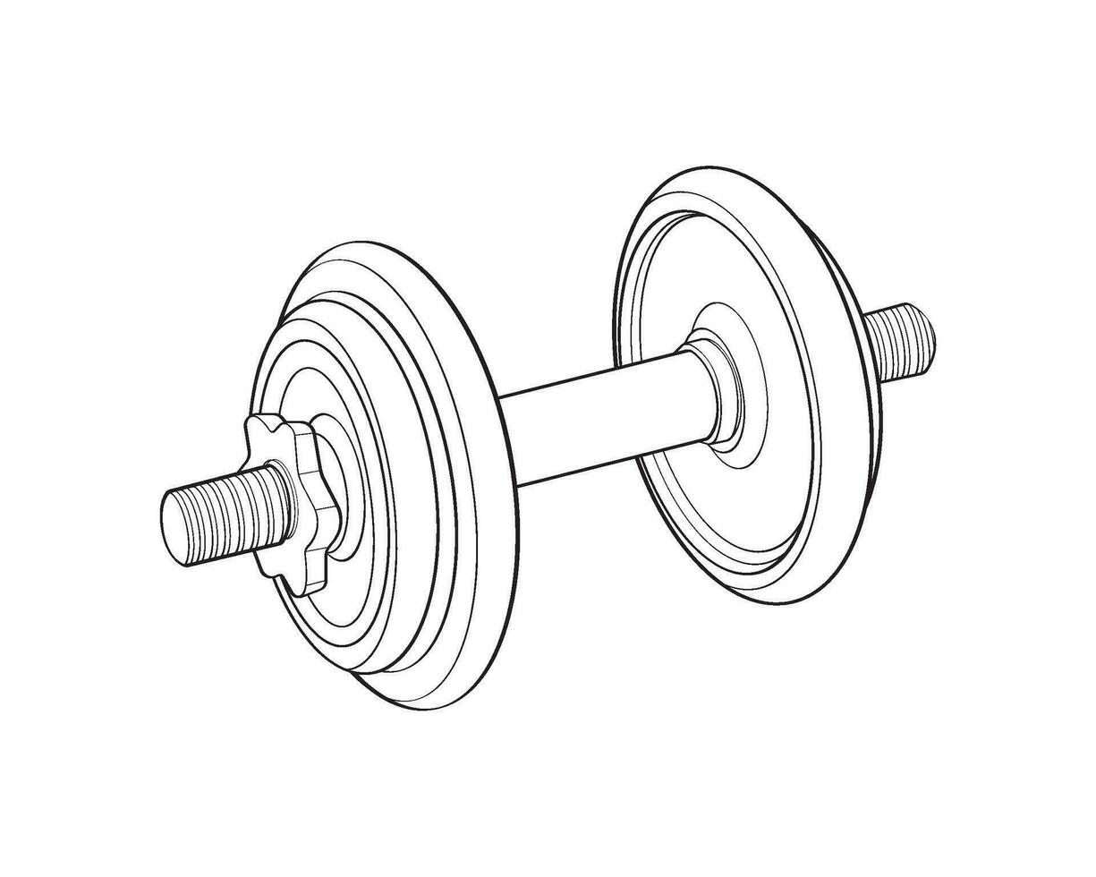 Heavy sport dumbbell for gymnastics, outline sketch vector isolated with white background.