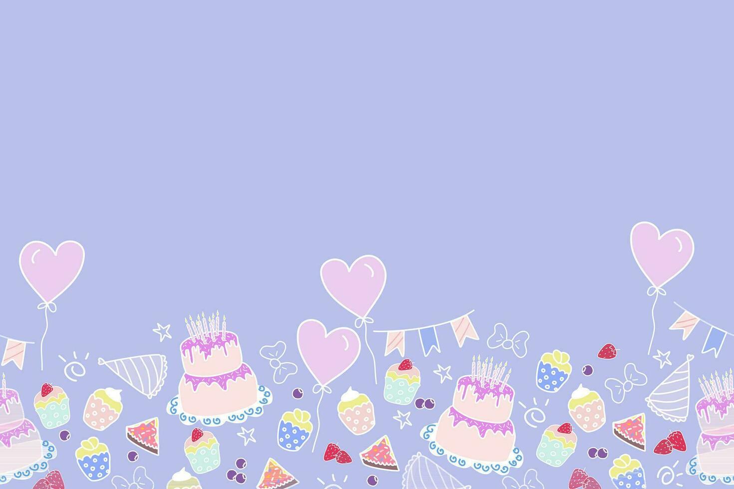 Seamless pattern cute cartoon birthday party background banner vector illustration with cake, balloon, crown, garland.