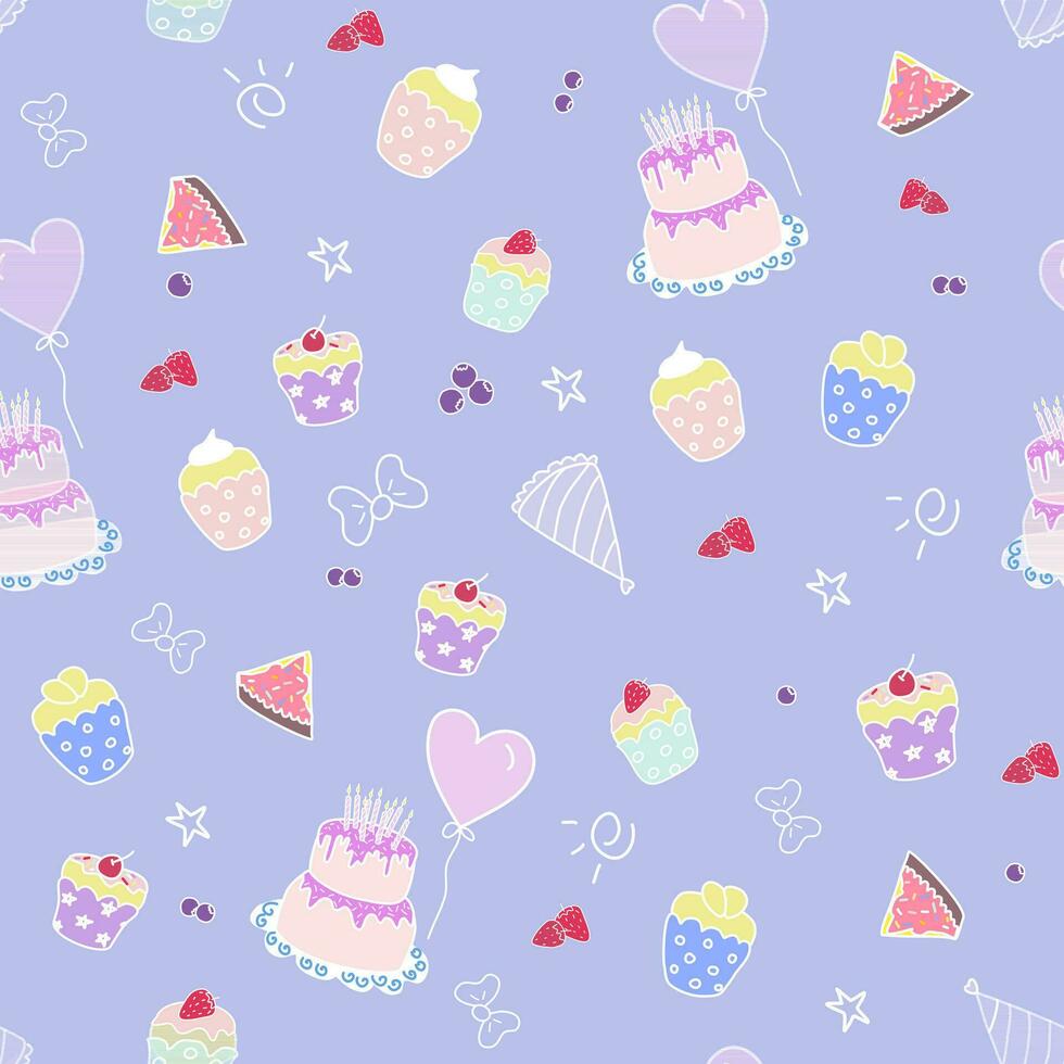 Seamless pattern cute cartoon birthday party background vector illustration with cake, balloon, crown, garland.