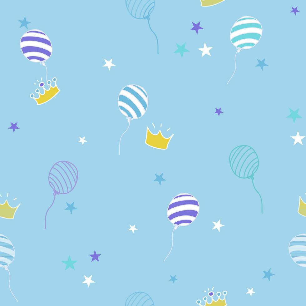 Seamless pattern cute cartoon birthday party background vector illustration with cake, balloon, crown, garland.