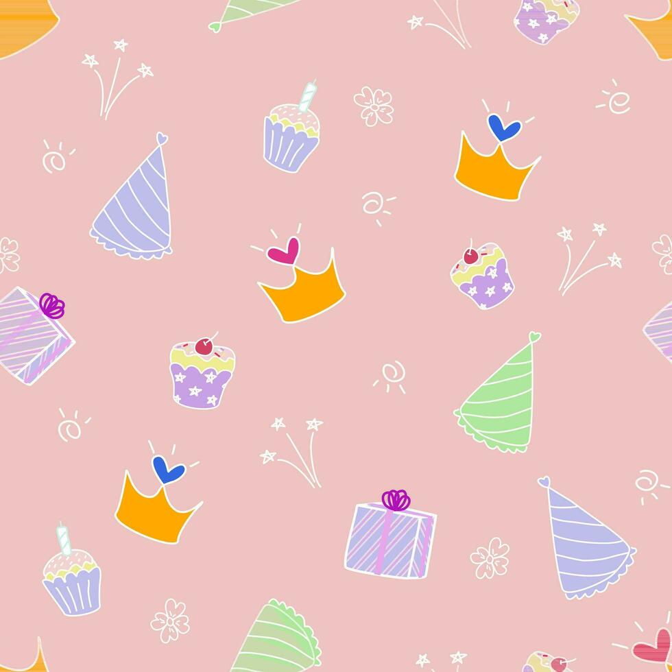 Seamless pattern cute cartoon birthday party background vector illustration with cake, balloon, crown, garland.