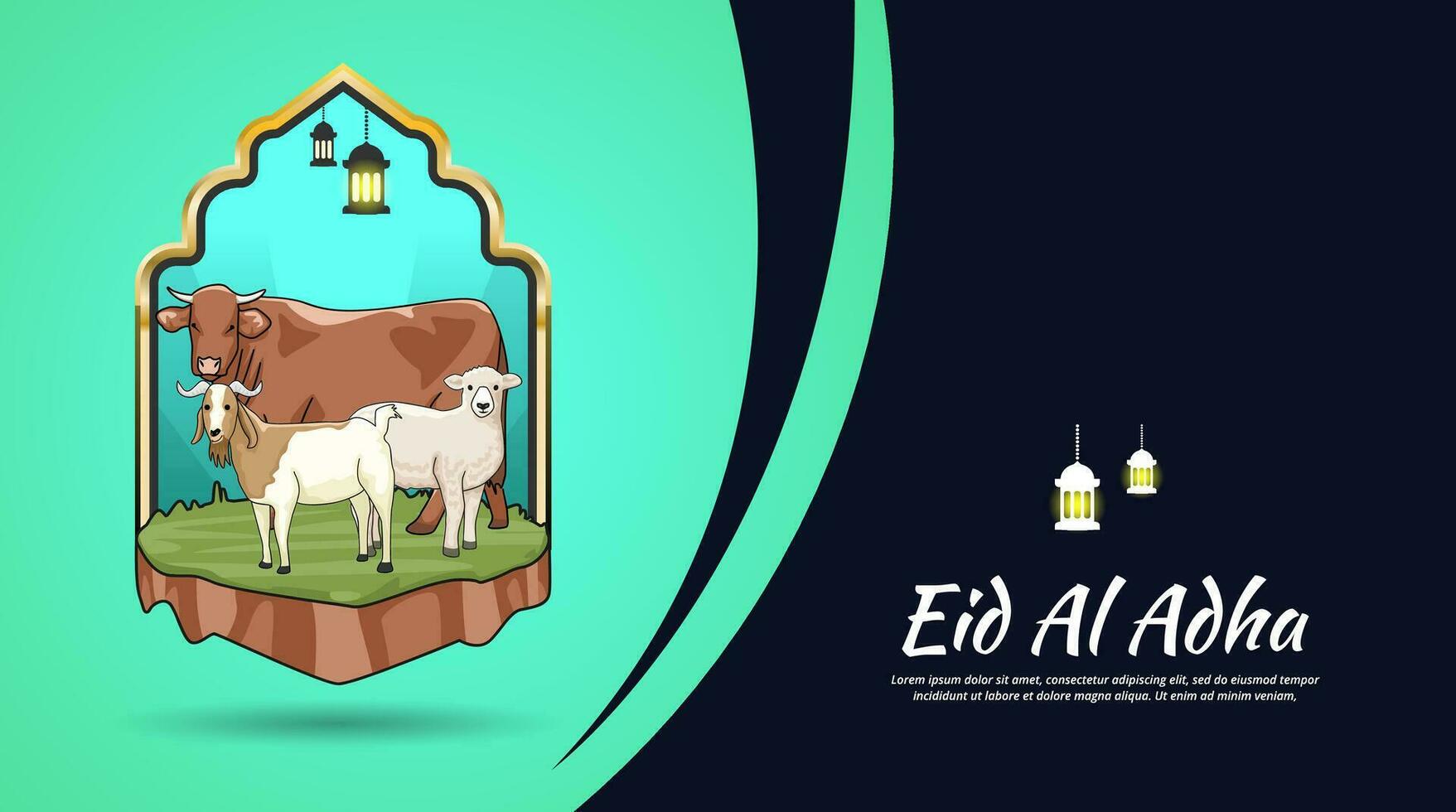 Happy eid al adha banner template design with cow sheep and goat vector design