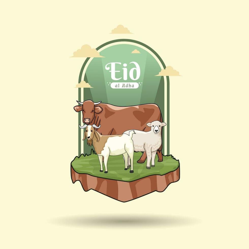 Happy eid al adha banner template design with cow sheep and goat vector design