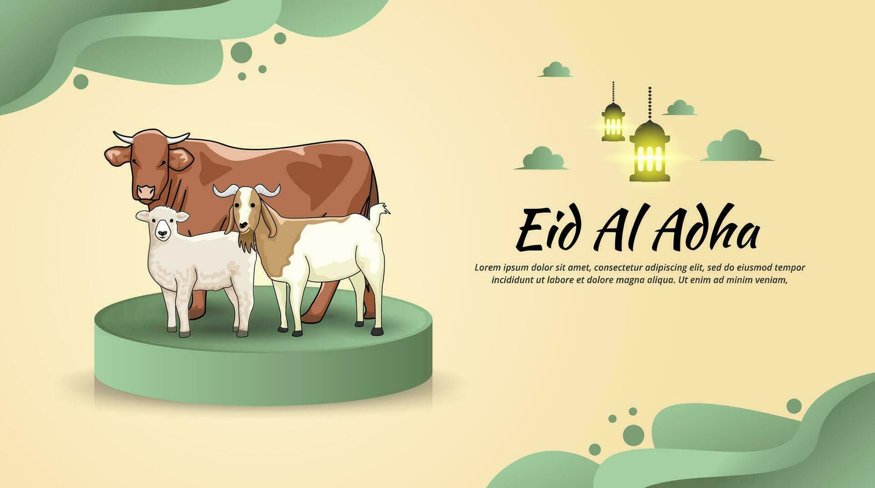 Happy eid al adha banner template design with cow sheep and goat vector design