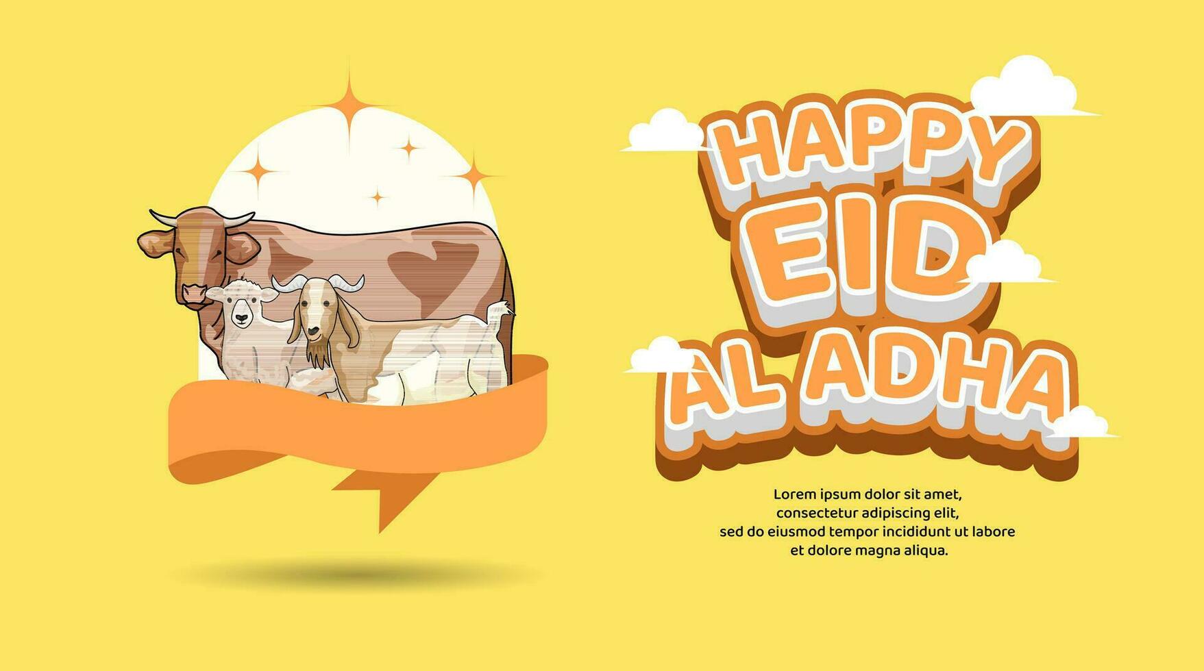 Happy eid al adha banner template design with cow sheep and goat vector design