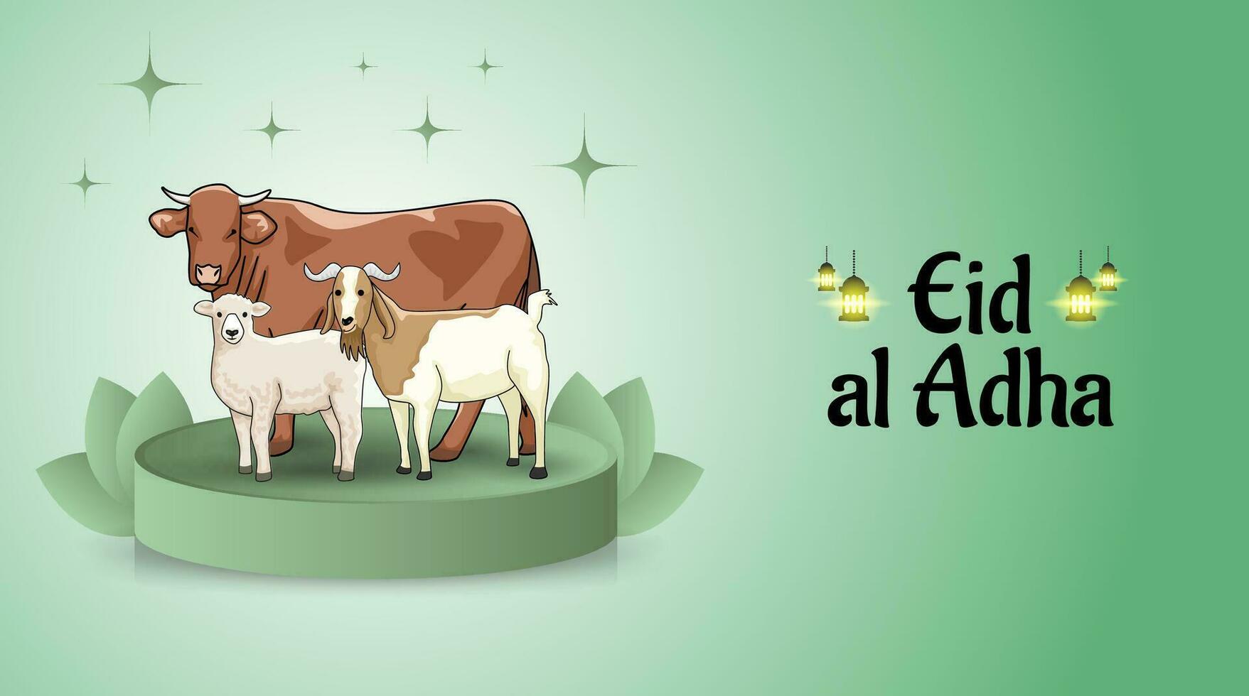 Happy eid al adha banner template design with cow sheep and goat vector design