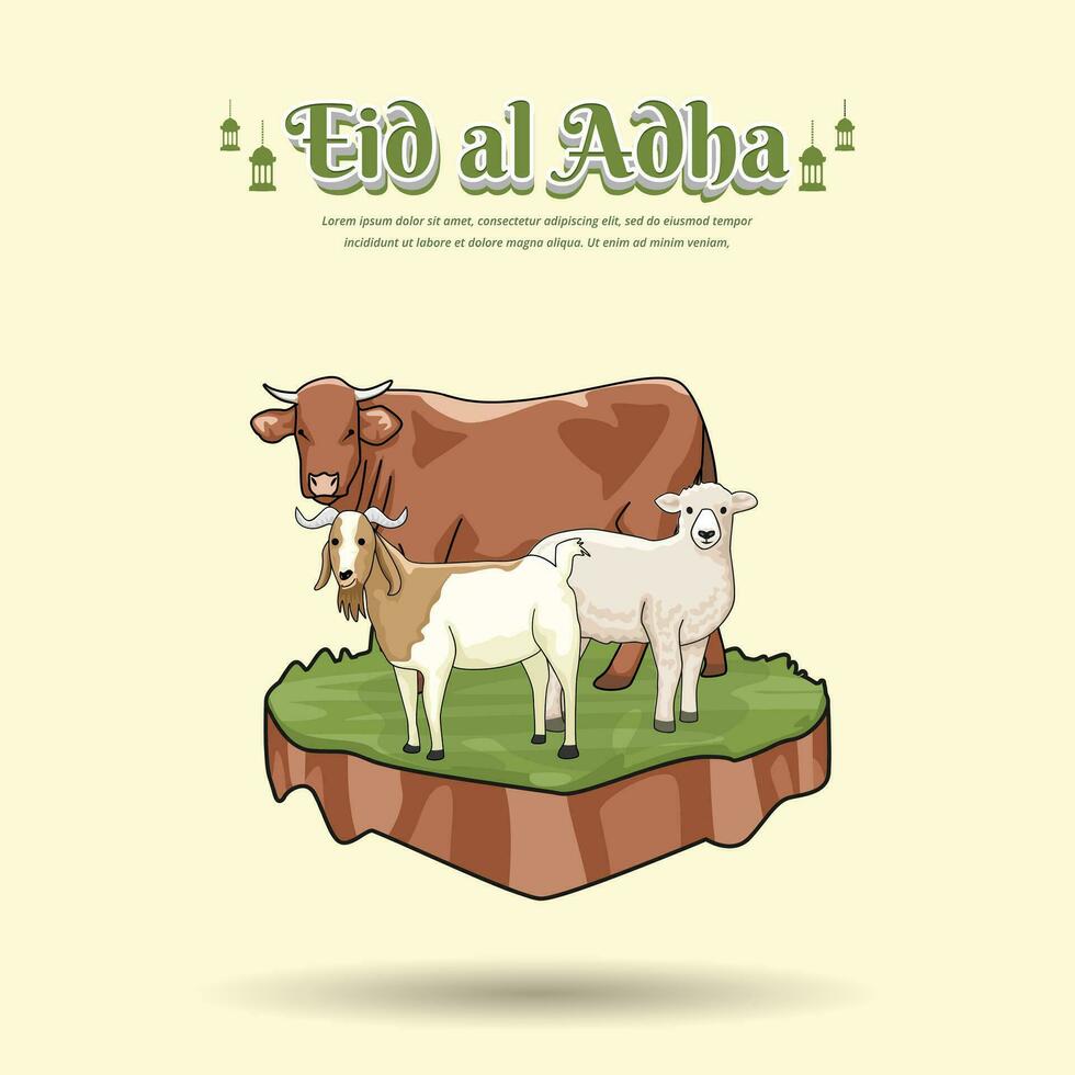 Happy eid al adha banner template design with cow sheep and goat vector design