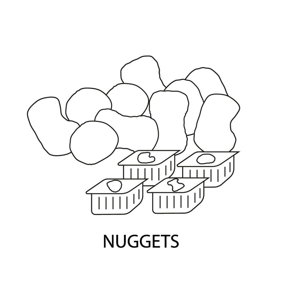 Nuggets and Sauce Web Icons Fast Food in line style Coloring Page. Bell Bone Ball Boots Shape Nuggets Fast Food Vector illustration.