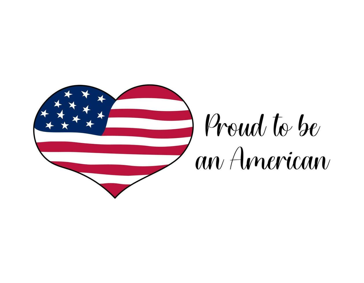 USA flag heart shape. Proud to be American text. Patriotic vector doodle illustration. Cute hand drawn style of flag
