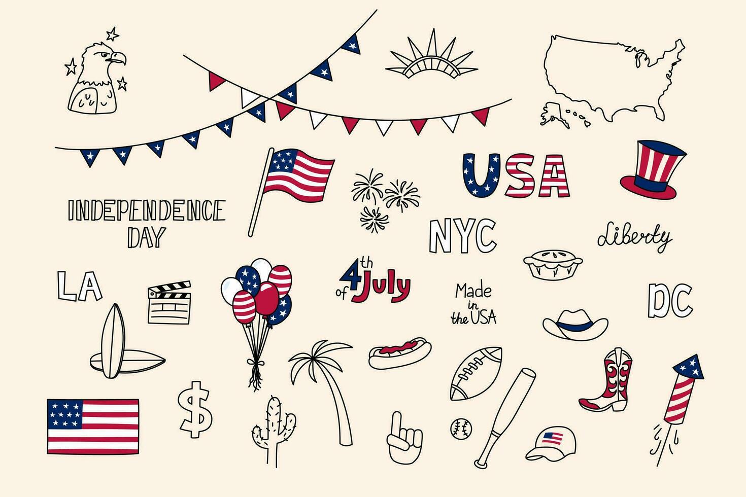 USA doodles set. United States of America vector design elements isolated on white background. Collection of US national symbols. Independence Day. American flag, liberty statue, July 4, eagle