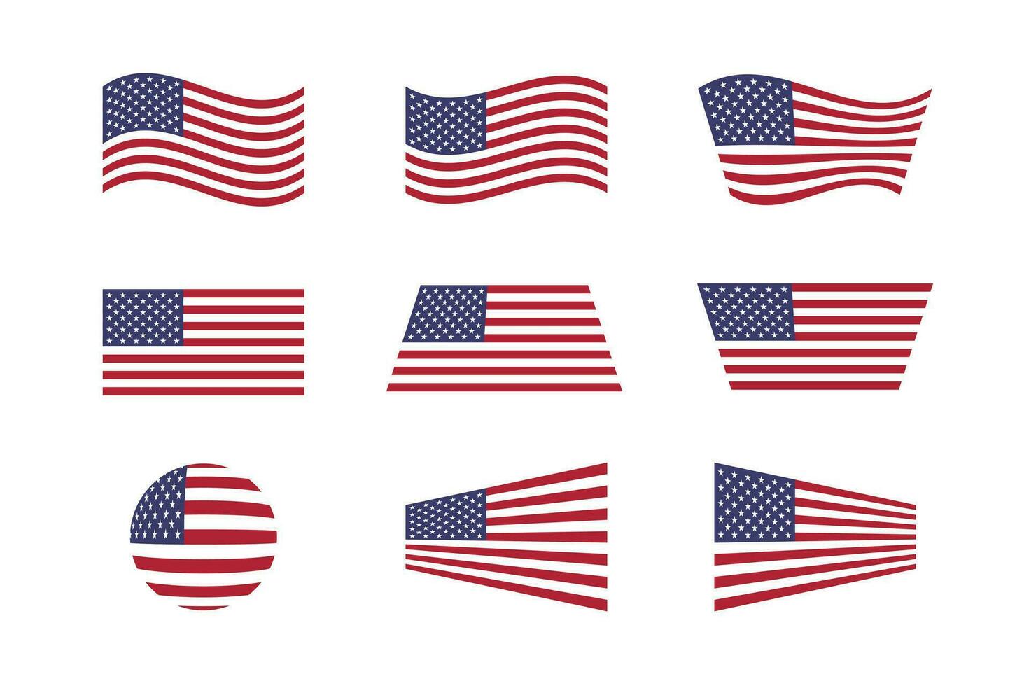 Estados Unidos banderas plano colocar. vector ilustración. símbolo de unido estados de America. redondo, rectangular, ondulación bandera aislado en blanco antecedentes