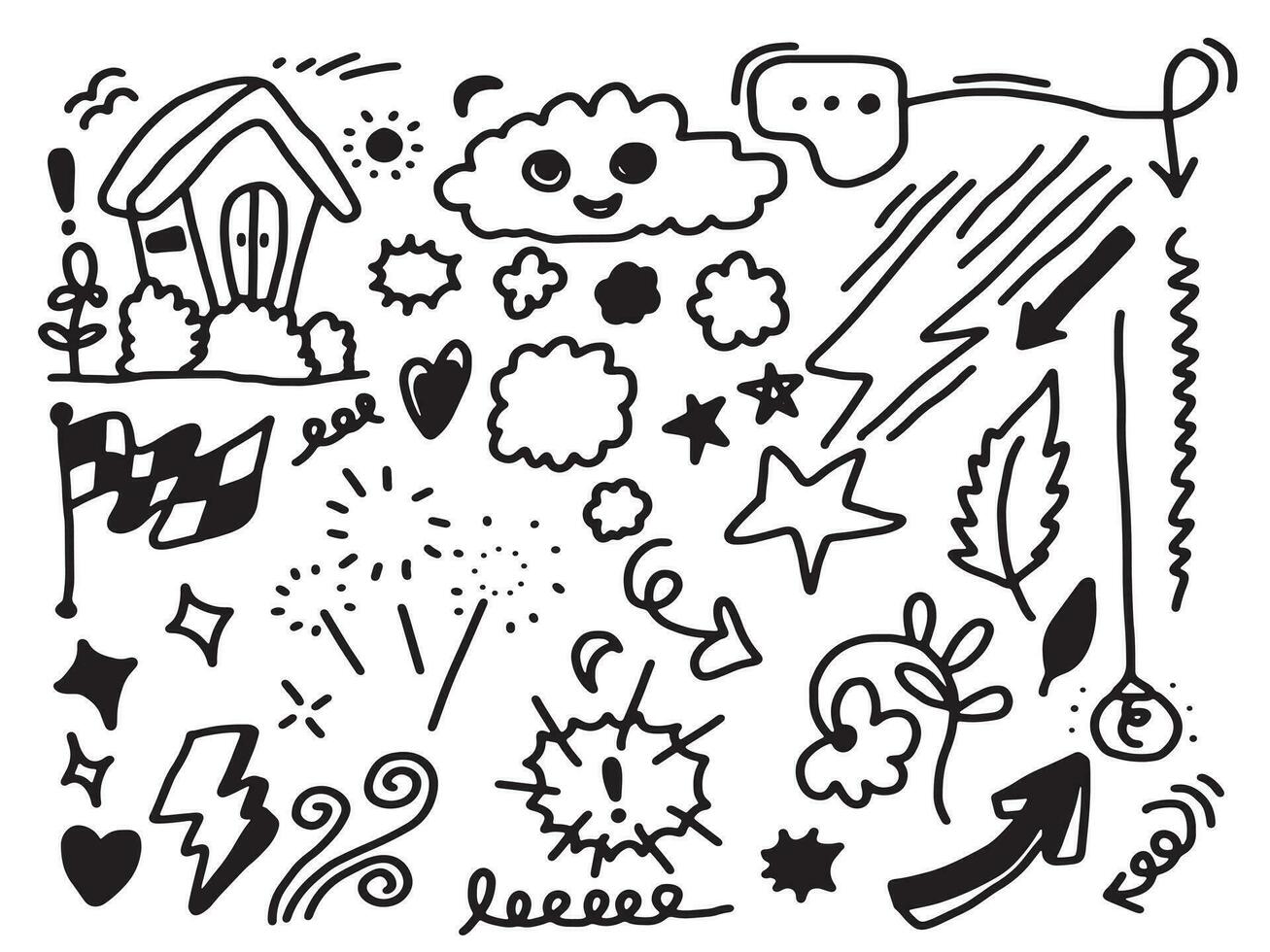 Hand drawn doodle design elements, black on white background. wind, thunderbolt, emphasis, Arrow, house, star, cloud. doodle sketch design elements vector