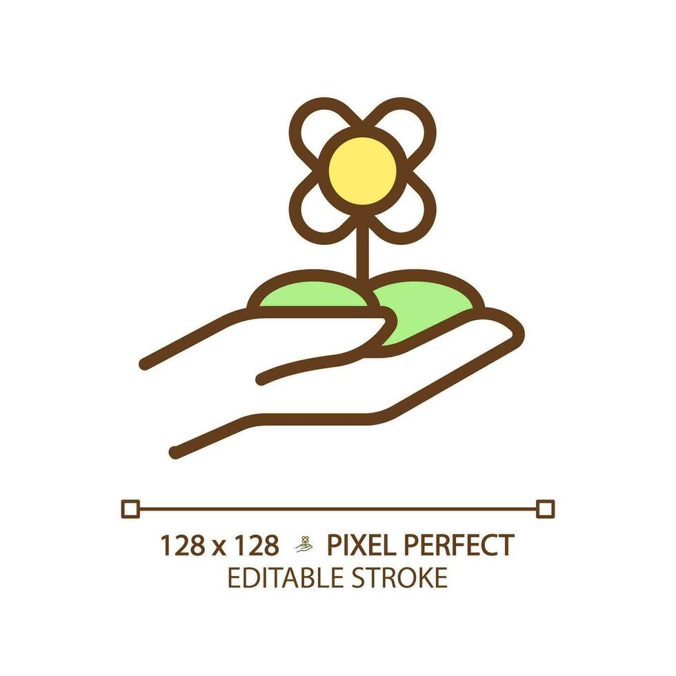 Floriculture green RGB color icon. Flower farming. Ornamental horticulture. Plant cultivation. Floral industry. Isolated vector illustration. Simple filled line drawing. Editable stroke