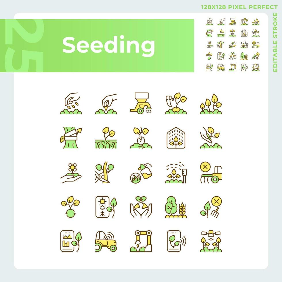 Seeding green RGB color icons set. Agricultural industry. Gardening business. Growing plants. Field sowing. Isolated vector illustrations. Simple filled line drawings collection. Editable stroke