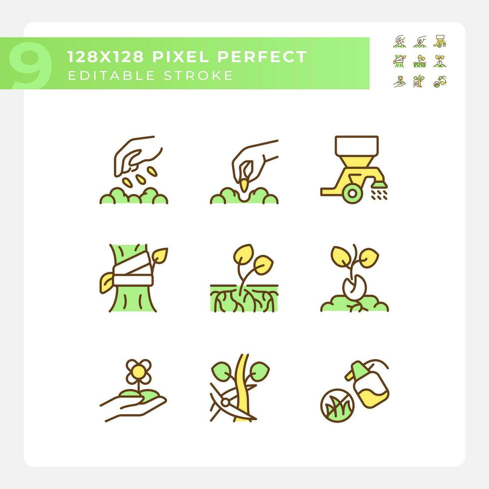 Agriculture green RGB color icons set. Soil cultivation. Growing crops. Rural development. Planting season. Isolated vector illustrations. Simple filled line drawings collection. Editable stroke
