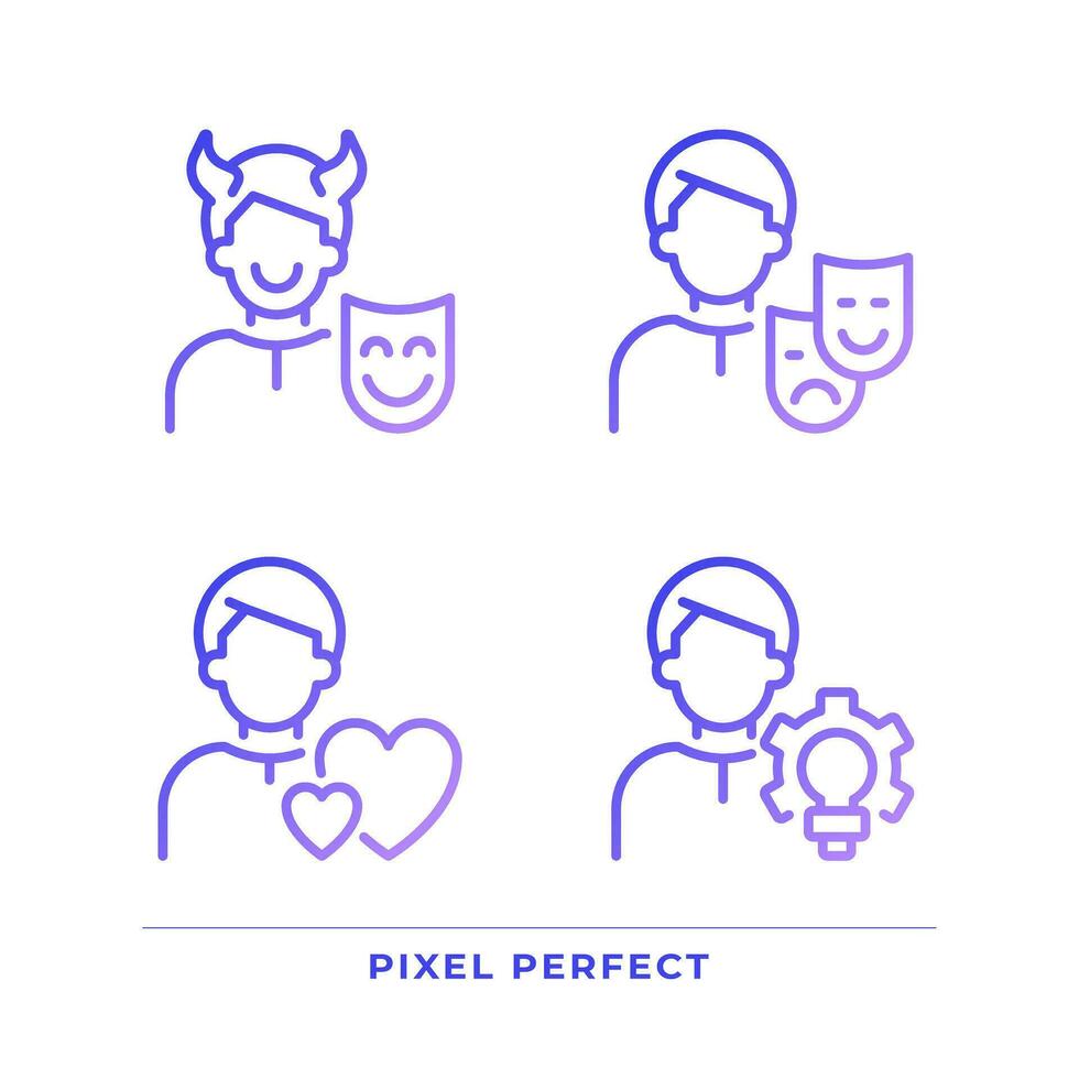 Personal traits pixel perfect gradient linear vector icons set. Caregiver and creator. Psychoanalytic theory. Thin line contour symbol designs bundle. Isolated outline illustrations collection