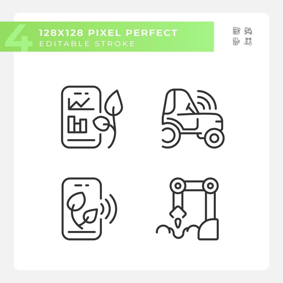 Agricultural technologies linear icons set. Modern farming. Farm equipment. Agritech startup. Customizable thin line symbols. Isolated vector outline illustrations. Editable stroke