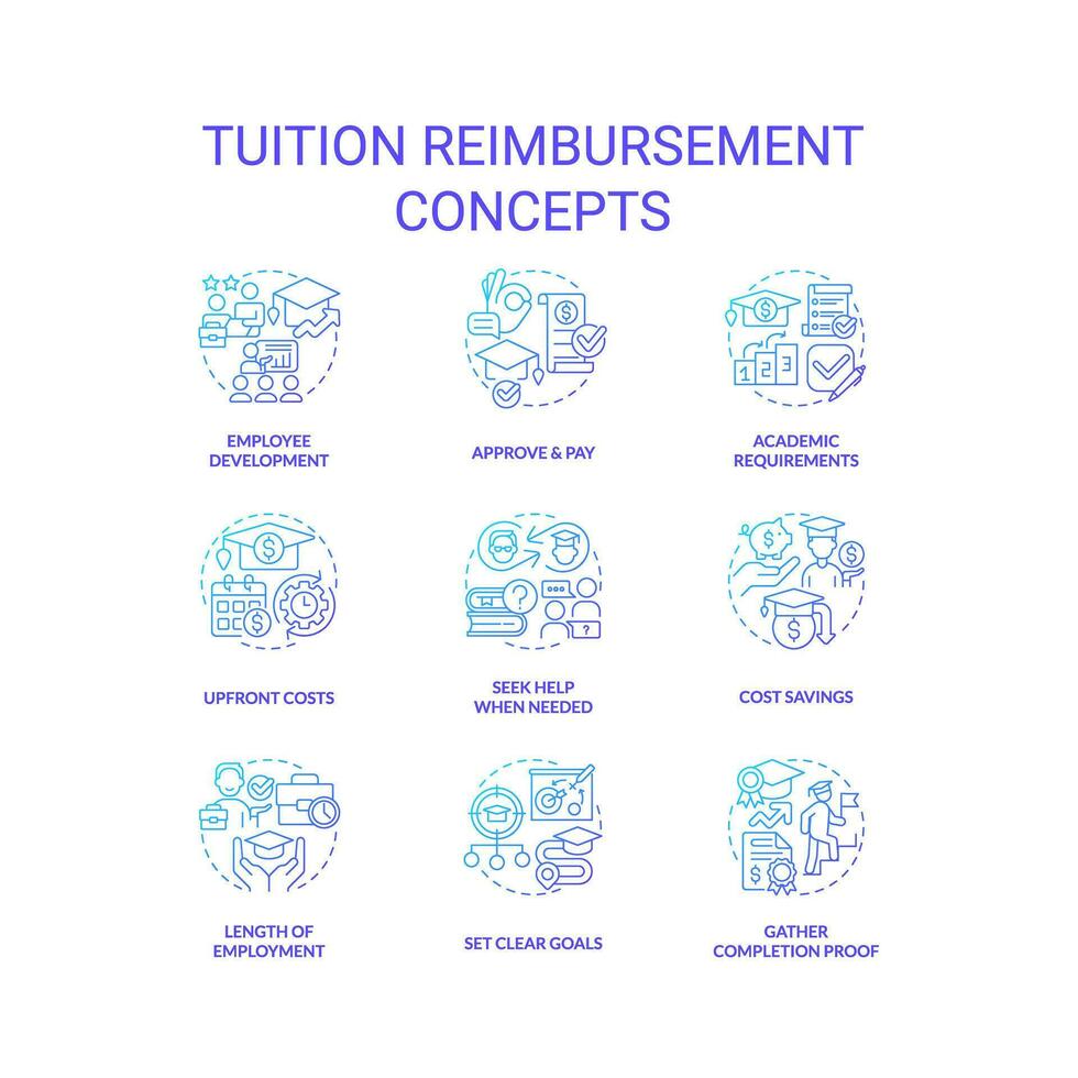 Tuition reimbursement blue gradient concept icons set. Employee benefit. Financial assistance. Tuition money. Student loan. Education assistance idea thin line color illustrations. Isolated symbols vector